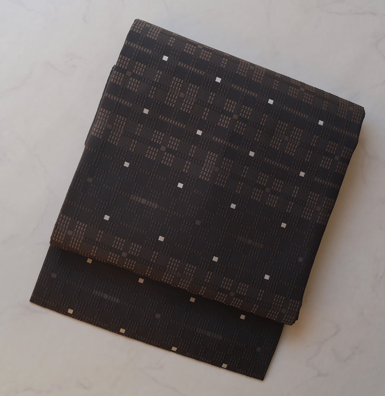 【なごや帯】蝋色×千歳茶色 モザイク格子柄 なごや帯