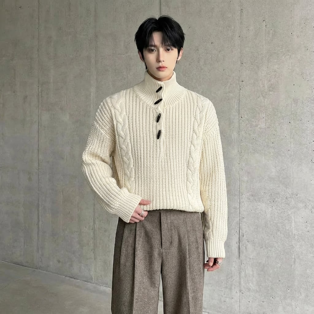 ローゲージ ケーブル編みハーフボタンニットプルオーバー 2カラー D12166