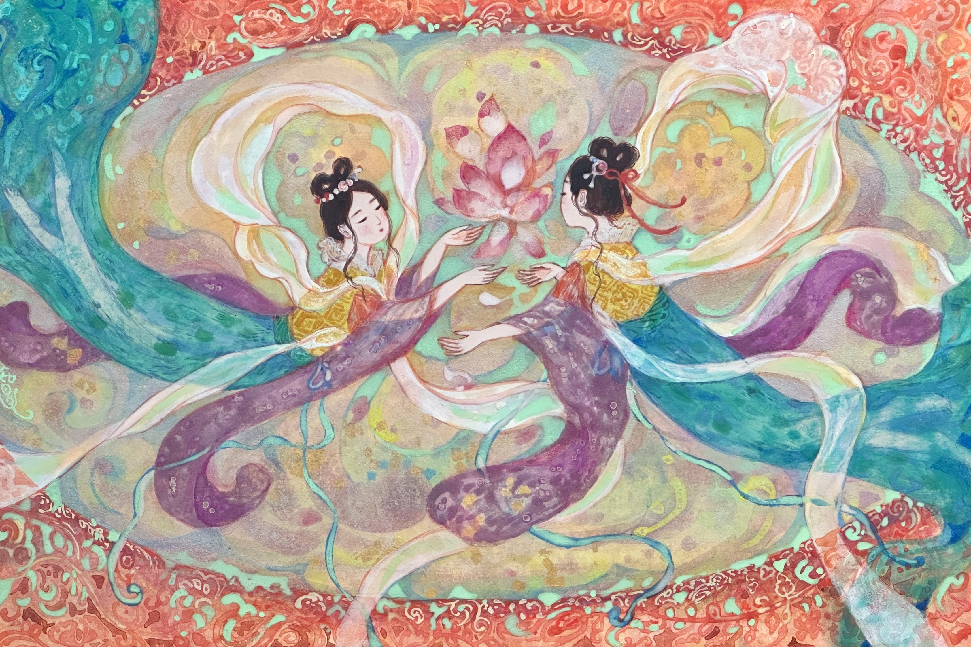 天女が舞う《天つ風》日本画 原画 額装｜岩絵具・純金箔 中井智子