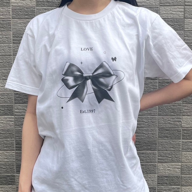 【即納】リボン×ハートデザインプリントTシャツ