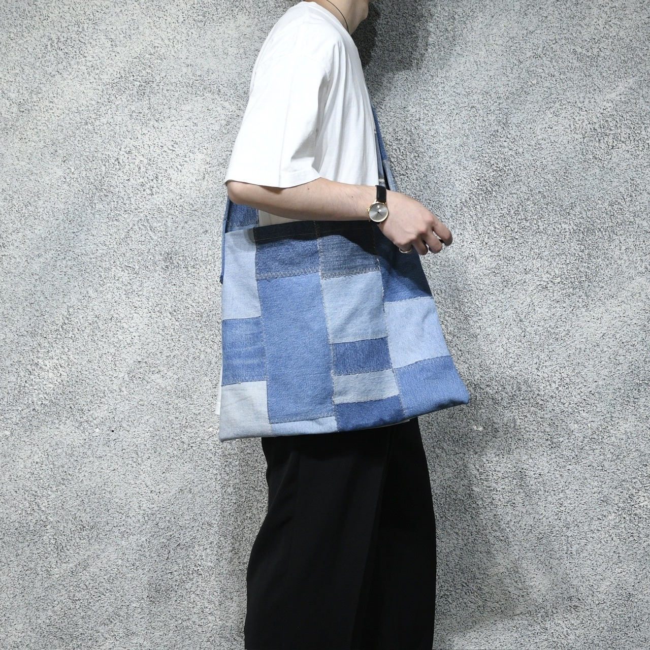 kroneko original denim patch work shoulder bag