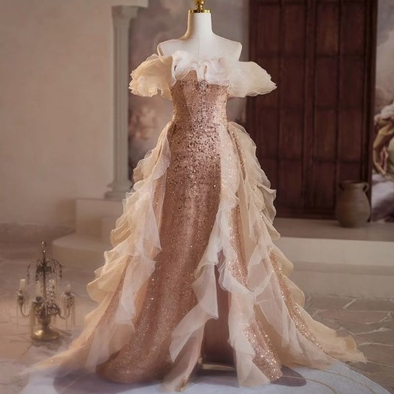 オフショルダーチュールドレス D0065