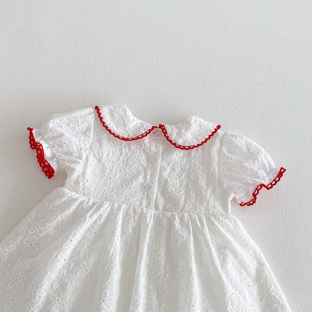 【BABY】フラワー刺繍丸襟半袖ロンパースワンピース - 12