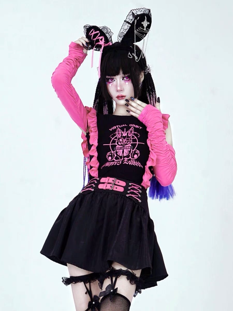 リボン付き黒トップスとピンクミニスカート gossip!ロサンゼルス スカート Y2K リボンレースギャザーミニ