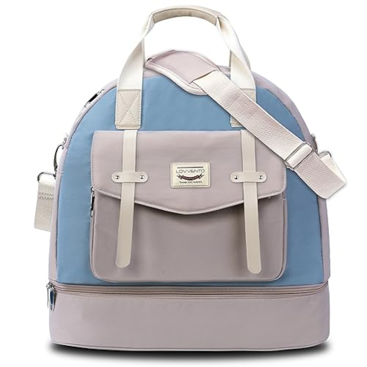 LOVVENTO シューズ収納 ボストンバッグ レディース 15.6インチPC収納 4way キャリーオン機能 大容量 マカロ ン色 可愛い ダッフルバッグ 撥水加工 機内持ち込み 1泊2泊 修学旅行 通学 通勤 底鋲5つ付き ショルダーベ ルト付き 10ポケット 40L