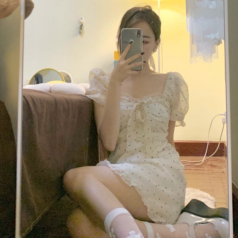 水玉バンドスリーブドレス レディースサマースカート 大人ガーリー スウィート キュート カジュアル 夏物 スーパーモール65788363830