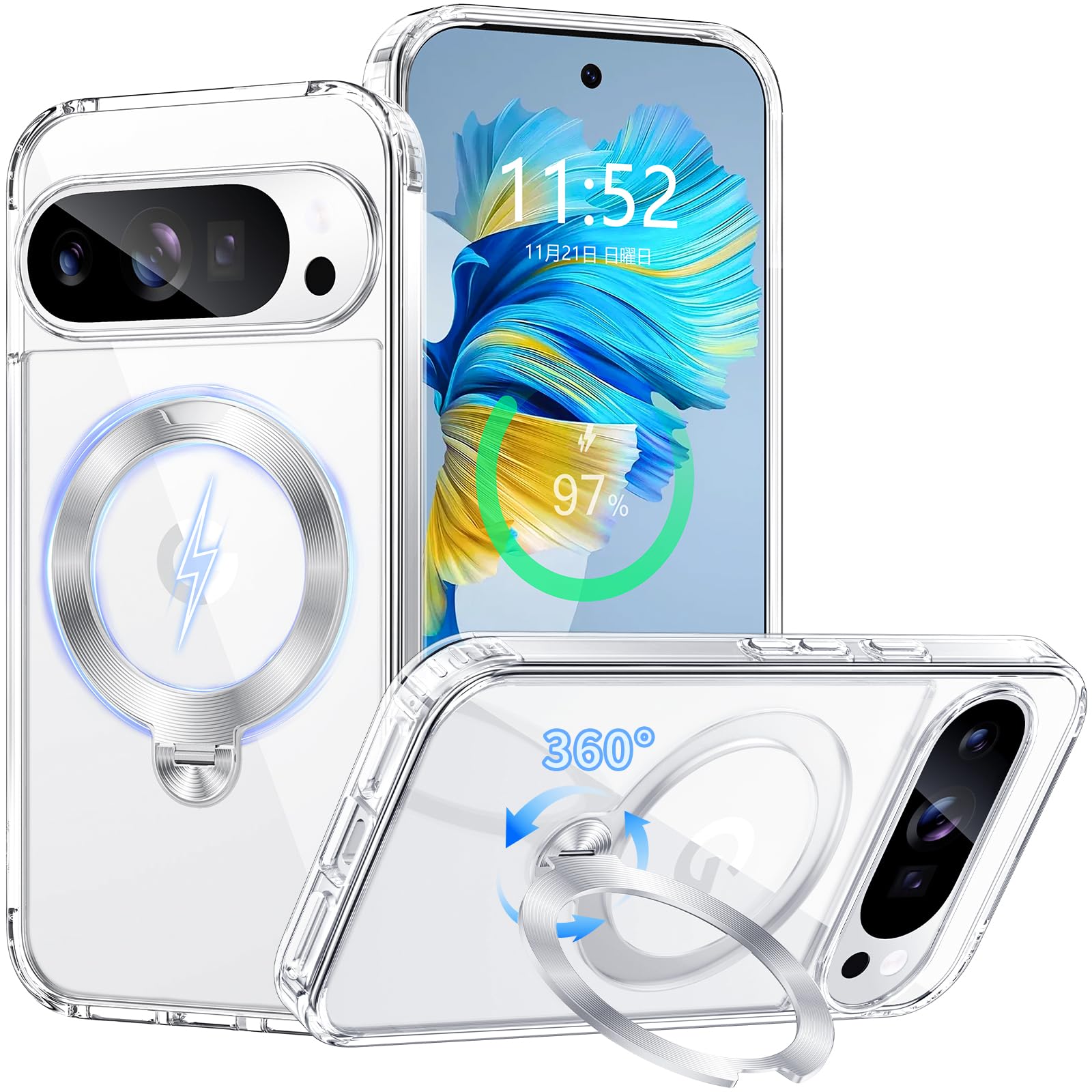 【360度回転スタンド・縦横両対応】PETORA Google Pixel 10 Pro XL 用ケース MagSafe対応 リング付き (クリア)