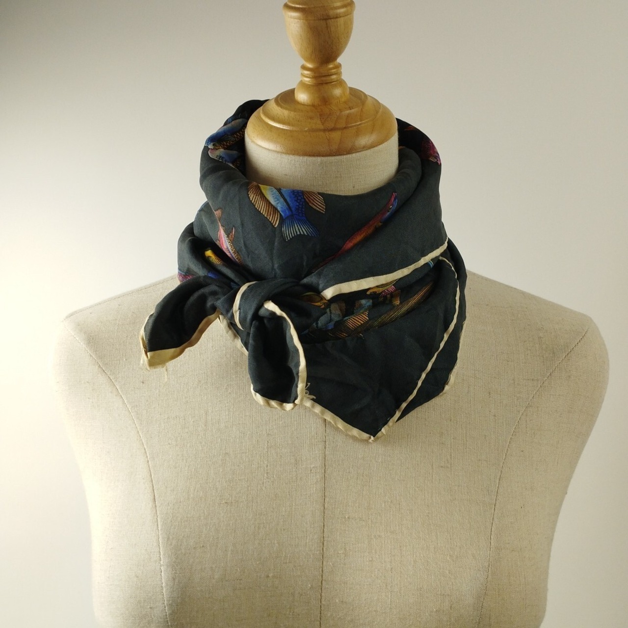 魚　プリント　スカーフ　オールド　