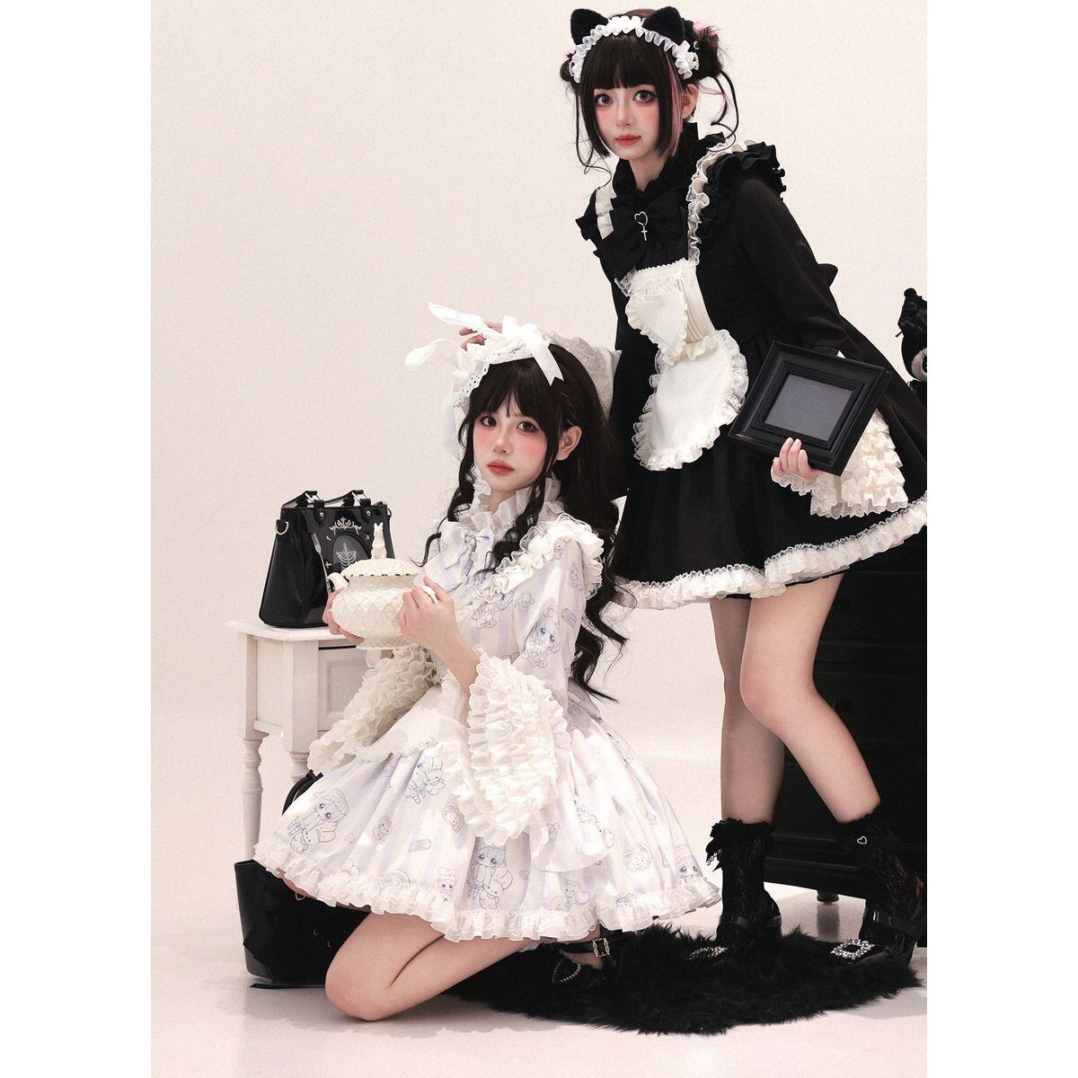 ハートエプロン　黒×オフ白 ハートエプロン姫袖メイドセットアップ | Maiden's Rêve
