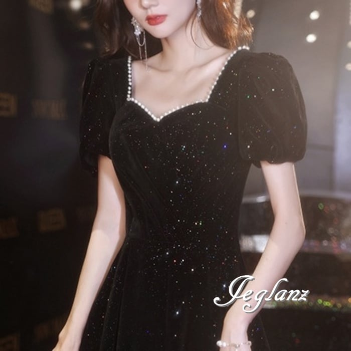 ベルベット調 イブニングドレス パール キラキラ ラメ 光沢感(M8829)π