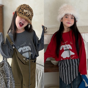 こいぬプリントゆるロングTシャツ（2色展開）QBSH｜トップス ロンT｜小学生 ジュニア対応｜普段着｜韓国子供服｜女の子｜100-150cm｜2026秋服 ［取寄］