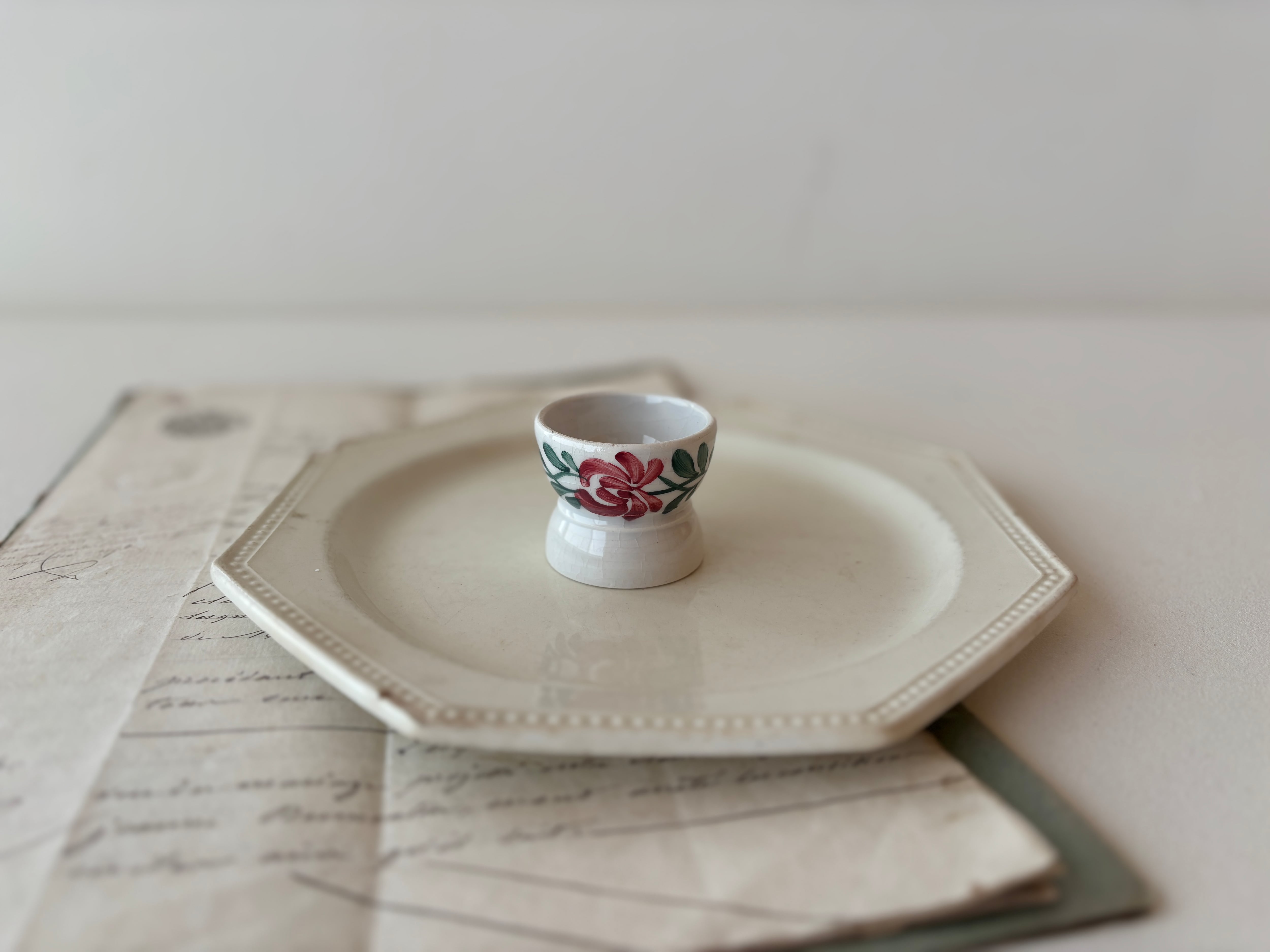 【N】フランスアンティーク コクティエ エッグカップ エッグスタンド 手彩色