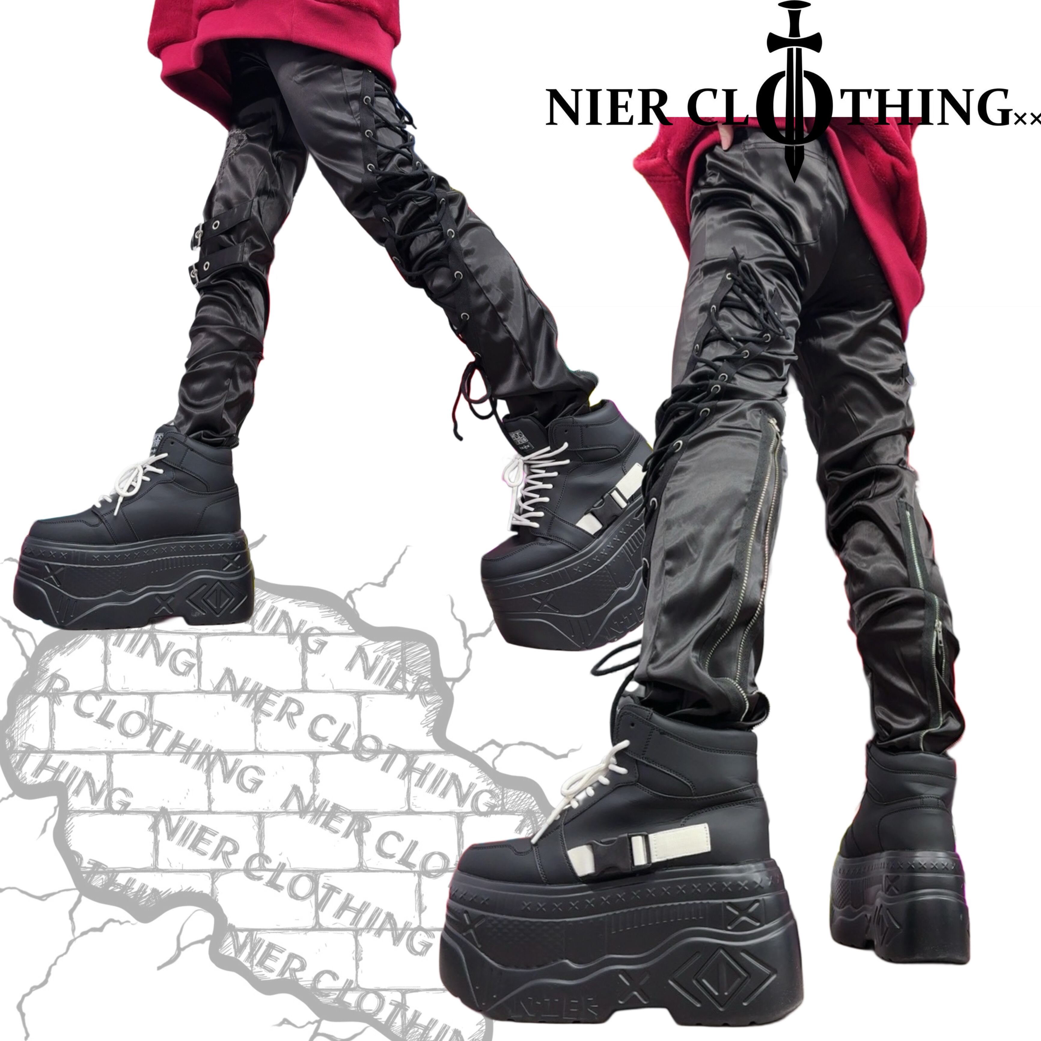 EYE刺繍入り高品質SATIN LACE-UP VISUAL PANTS | NIER CLOTHING