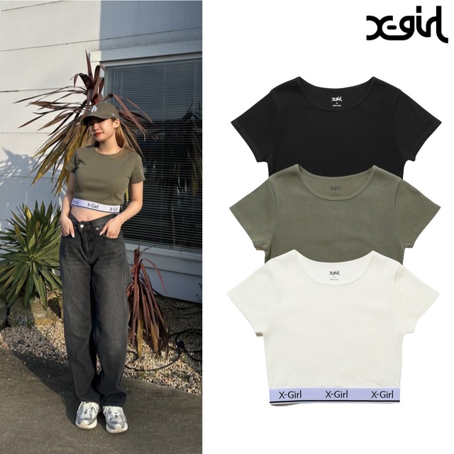 【X-girl】 LOGO AND STRIPE CROPPED S/S TOP【エックスガール】
