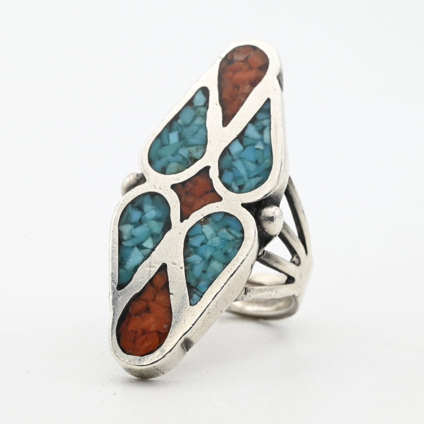 Turquoise / Coral Inlay Fancy Wide Top Ring #13.5 / USA