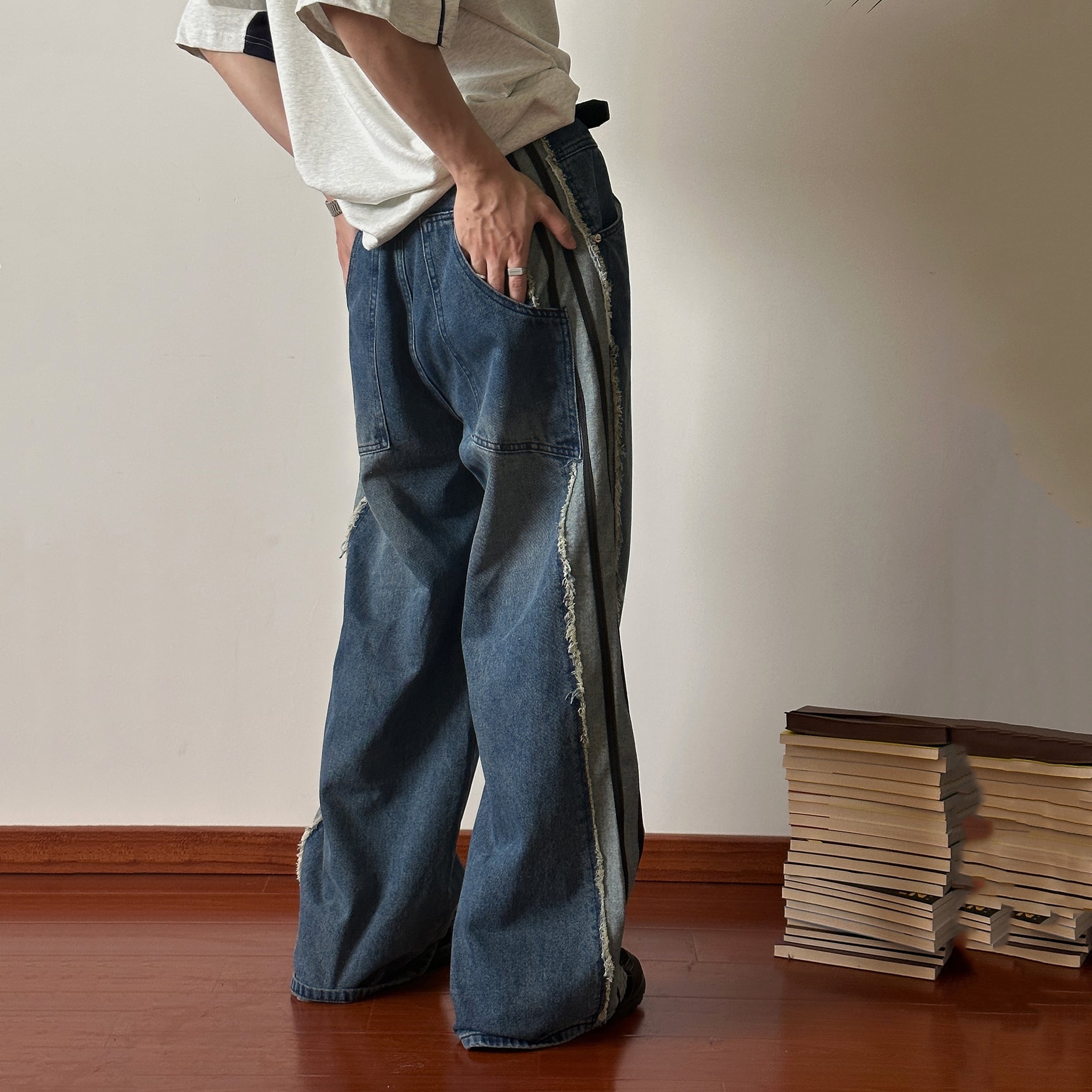 19studioサイド切り替えデニムワイドパンツ | mblueshop