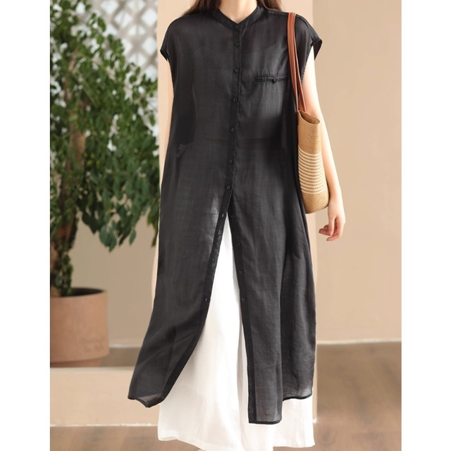 Aラインシルエット ノースリーブ ロングシャツワンピース 3color  00144