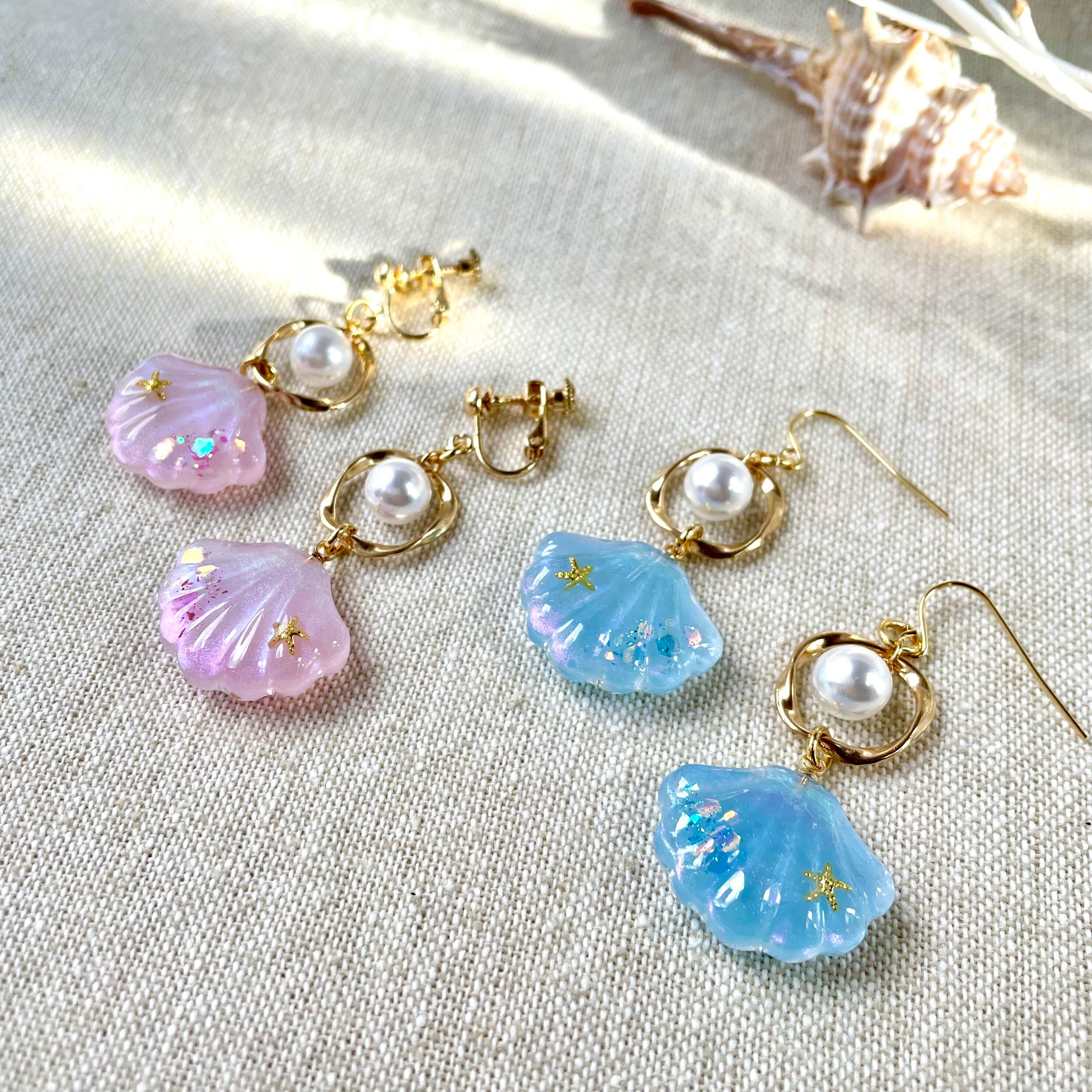 ☆【ピアス】シェル×鈴丸ビーズ オーロラ ブルー 夏 マリン 鈴丸ビーズ