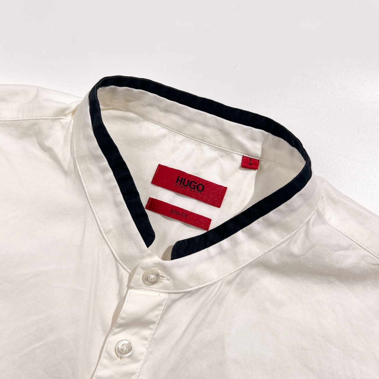 HUGO BOSS ヒューゴボス Slim Fit バンドカラー 長袖シャツ L/ホワイト系 メンズ