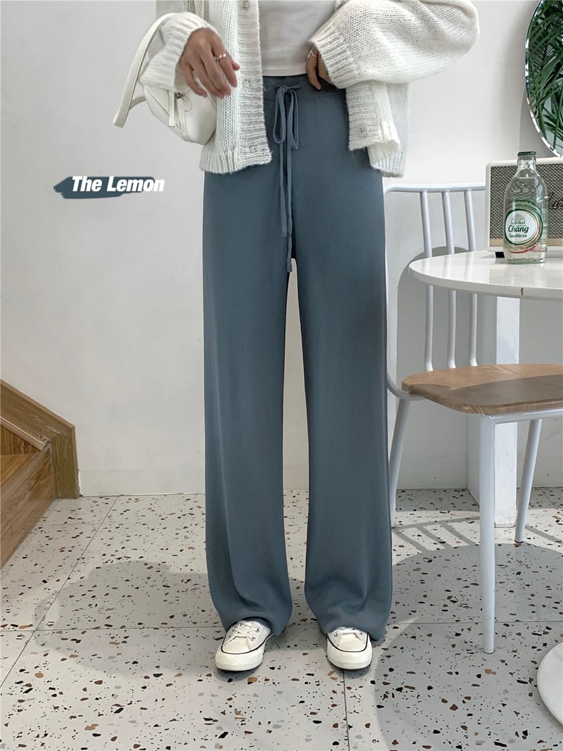 ニットパンツ ハイウェストウェストワイドレッグルーズカジュアルレディース レース ワイドパンツ シルク レースアップ ビッグFスモールZ韓国6250116188