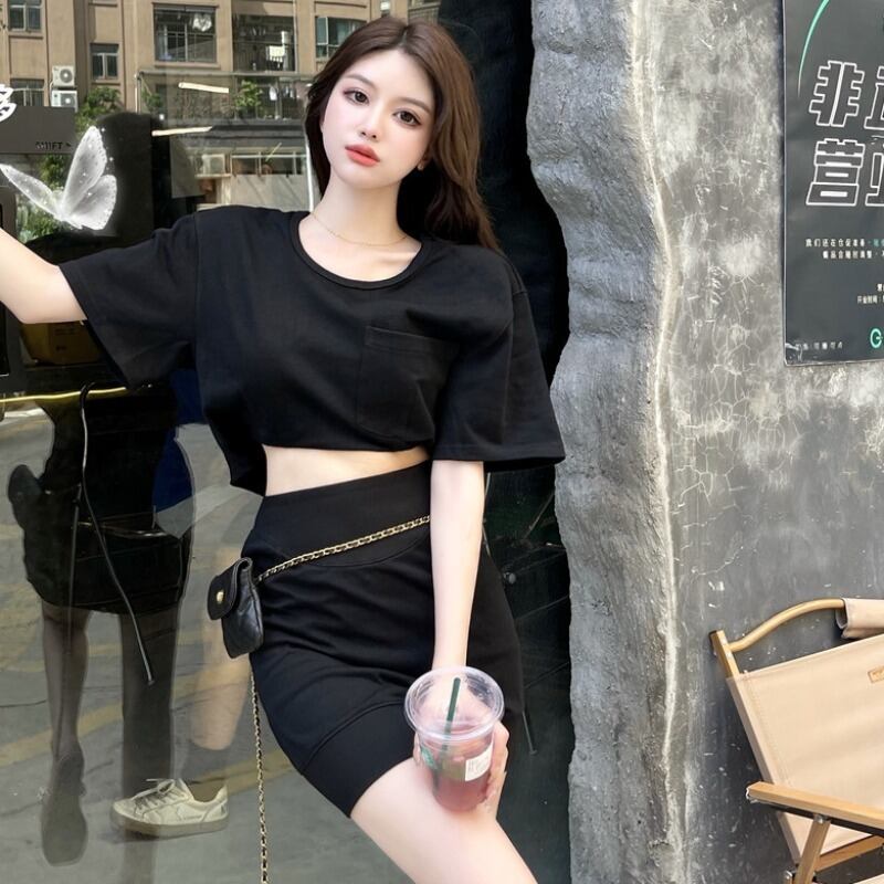 ラウンドネック半袖スリーブTシャツ ハイウェストウェストカジュアルスカート ショート ハーフスリーブ Oネック ハンチェンe59932074777