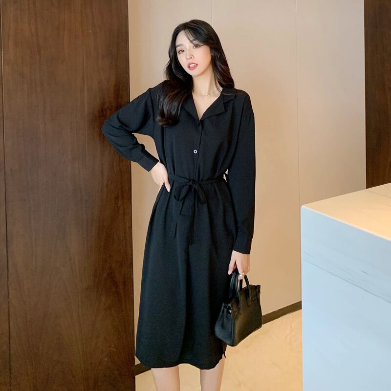 スプリングスタイルスタンダードルーズシャツ スカート 薄手ブラックドレス ロング レトロ 春物 YY-ファッション46613645856