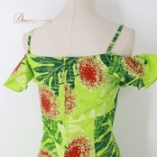 フラダンス 衣装 ワンピース ドレス グリーン系 メネフネプランテーション 日本製 ハワイアンプリント モンステラ柄 MENEHUNE PLANTETION キャミソール フリル フレアスカート レッド系 黄緑 緑 赤 華やか 鮮やか かわいい おしゃれ さわやか 上品 おしゃれなワンピース 華やかな ハワイアンスタイル エレガント リゾート