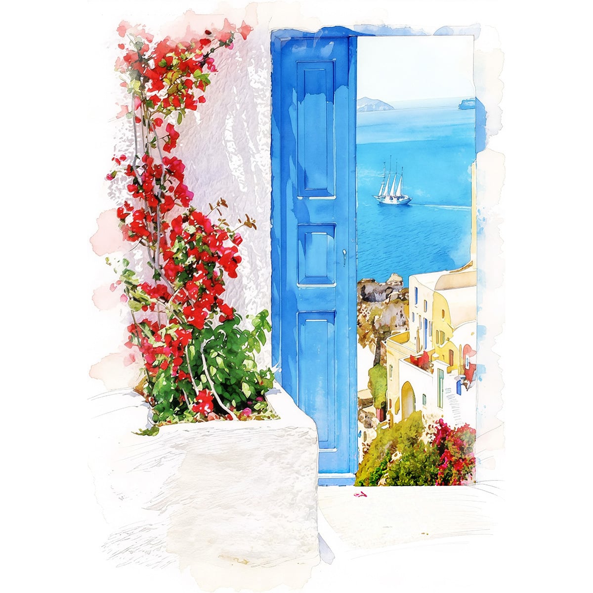 絵画　ギリシャ　スペイン　海　アート 絵画 ギリシャ サントリーニ島 エーゲ海遠望 水彩画 原画 絵画 浜野