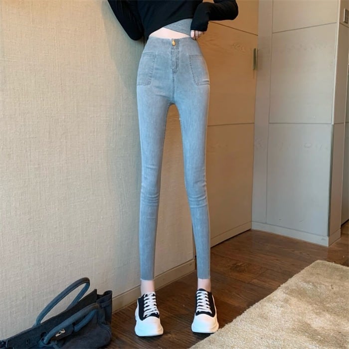 レトロ カジュアル ハイウエスト ジーンズ スキニーパンツ レディース ボトムス ストレッチ ペンシルパンツ ライトグレー ブラック 無地 9分丈 スタイルアップ 脚長効果 大人 スリム Cute クール アクティブ メンズライク 男ウケ デート服 楽ちん 韓国ファッション 通販