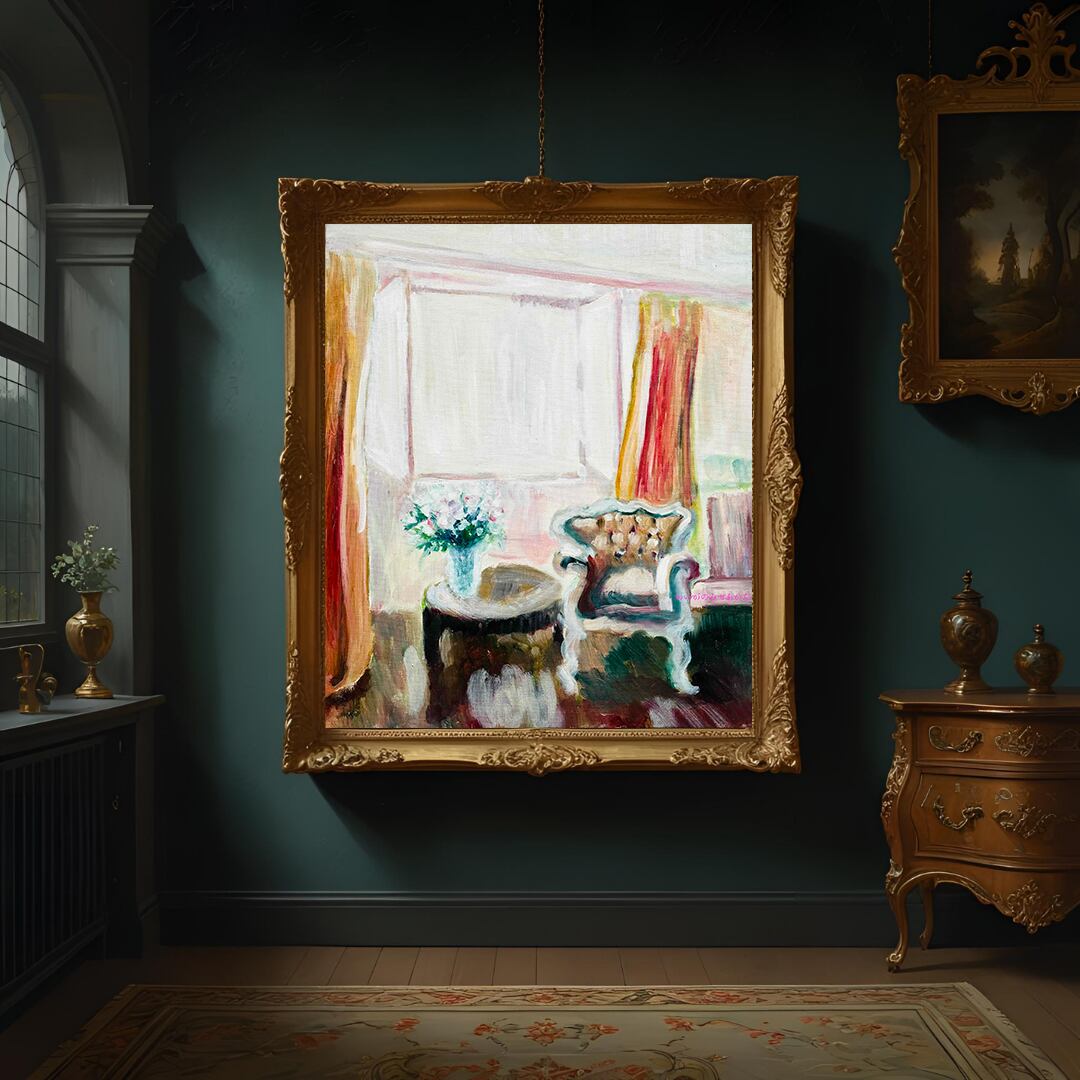 46×53㎝「窓辺のイスとテーブル」F10・油彩画・原画・額装 | かいがの