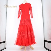 社交ダンス 衣装 スタンダード ドレス ワンピース パーティ衣装 赤 prima boutique プリマブティック レッド系 派手 レース 長袖 フレア スカート ボリューム きらめき ホログラム パーティー用 伸縮性あり おしゃれ 大人用 女性用 ドレスアップ イベント用 特別な日 用途広い