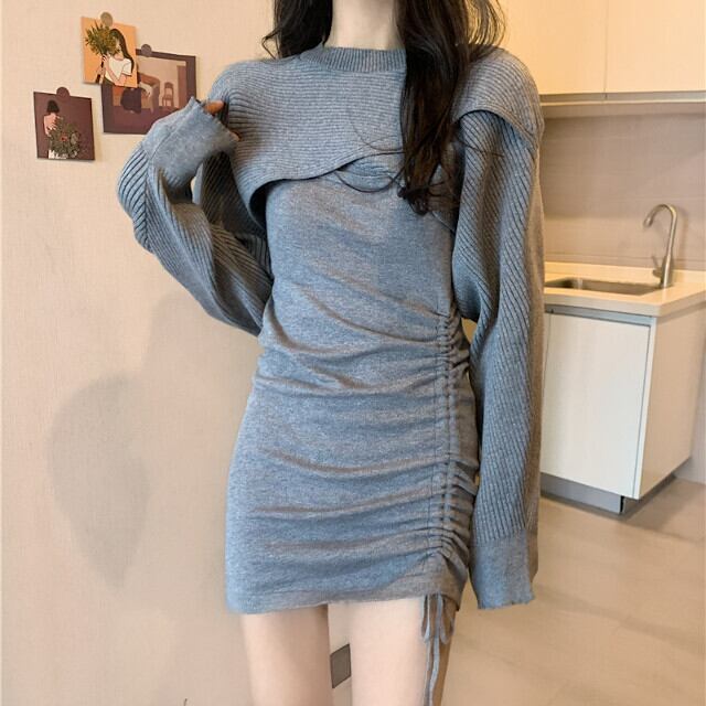 ワンピース レディース ミニ丈 ミニワンピ ツーピース 2点セット ドローストリング キャミワンピ セットアップ シャーリング ブラック/グレー