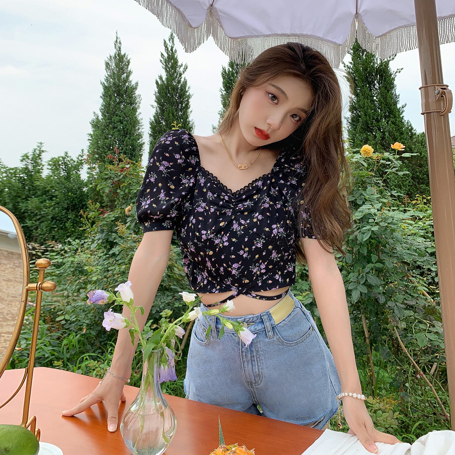 フローラルシャツ サマーVネック薄手 夏物 花柄 HUCHUJING39644424452