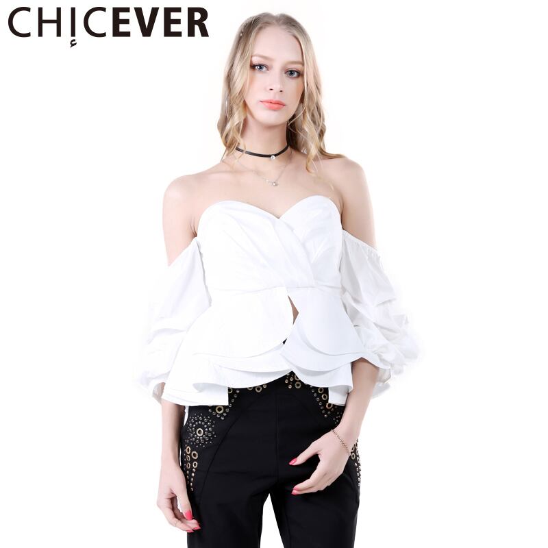 CHICEVERオフショルダーフリルセクシートップパフスリーブレディースシャツサマートップスホワイトシャツラージサイズ 大きめサイズ 夏物 6base568969093839