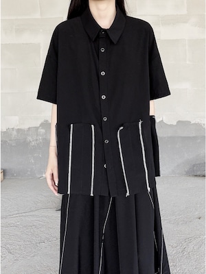 Asymmetric topstitched panel loose short sleeve shirt [T2933]