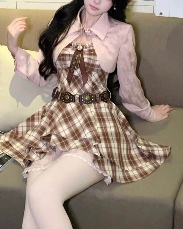 ラズベリーブラウンチェックフレアワンピース  25W08428