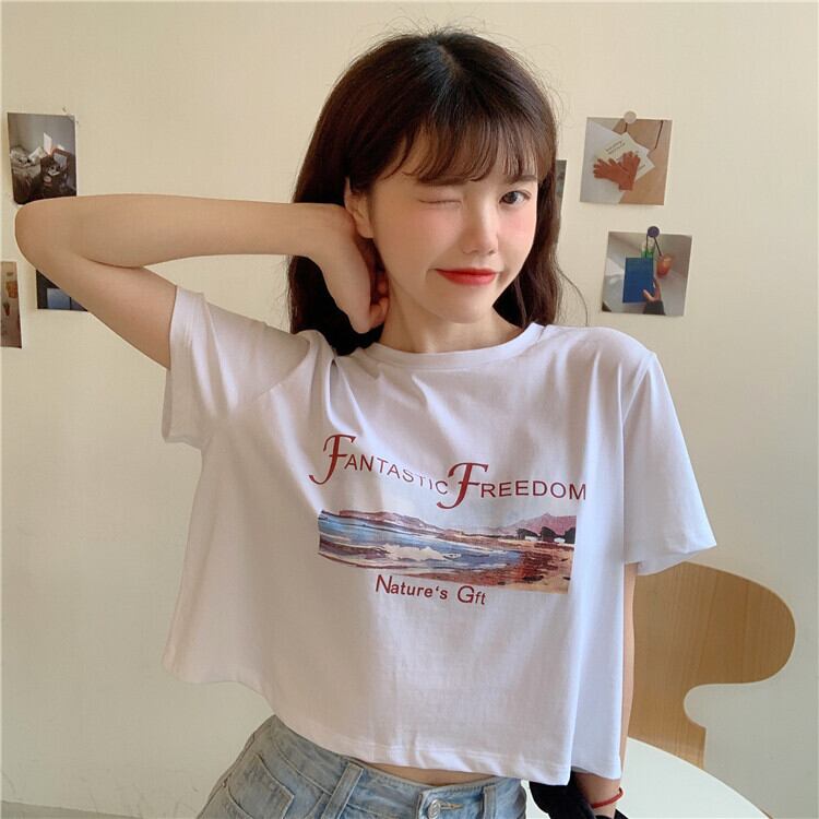 ネットレッドファッションプリント半袖トップウーマン2020ニューバージョンのワイルドショートホワイトTシャツインウエスタンスタイル 1号婦人380058803