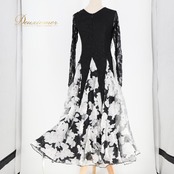 社交ダンス 衣装 ワンピース ドレス ブラック系 レイリーナ Leirena 黒 白 リボン 花 花柄 ボリューム レース 伸縮 ストレッチ 華やか 上品 かわいい スタンダード ダンス衣装 イベント ステージ パーティー ふんわり フリル モノトーン