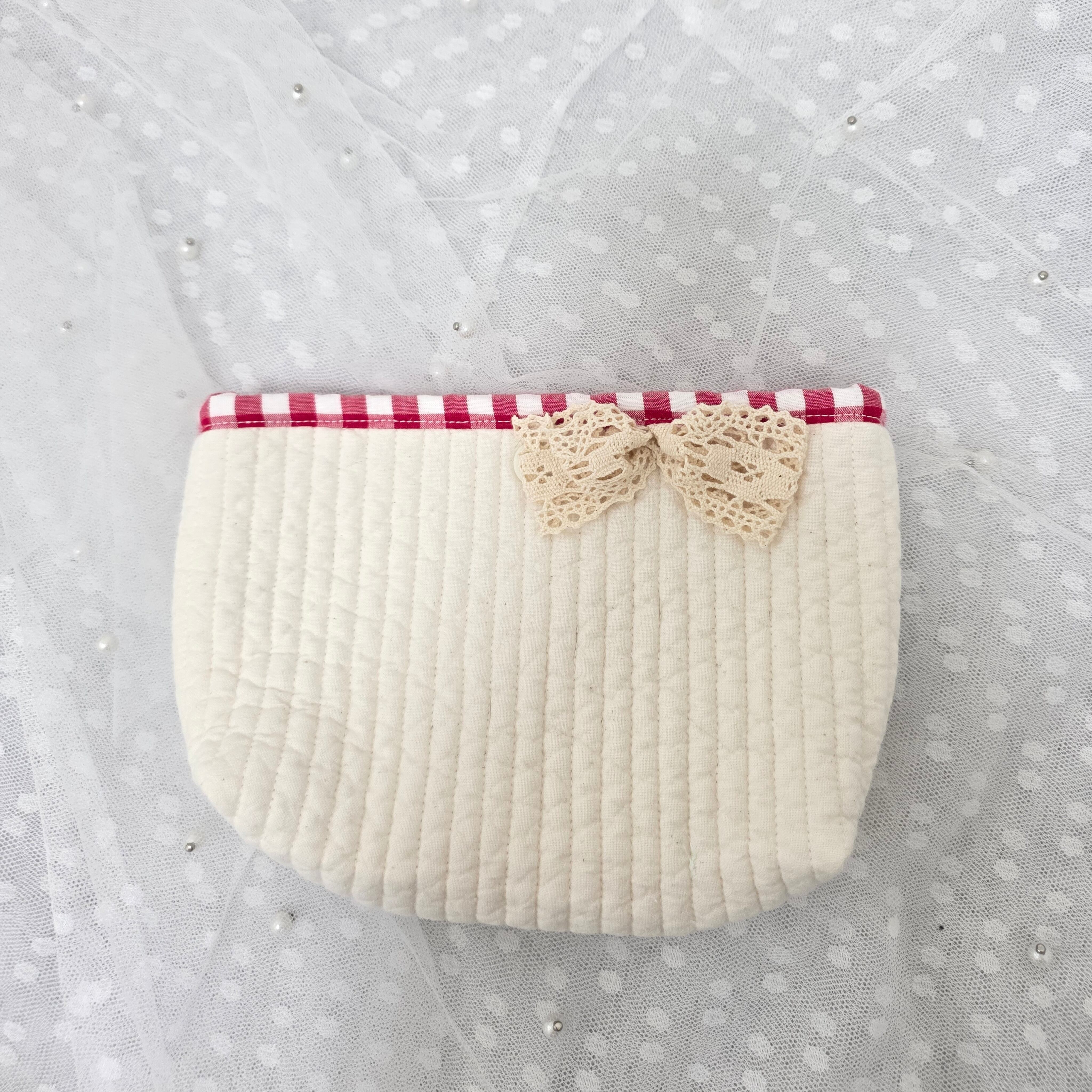 ギンガムとヌビのリボンポーチ 赤いギンガムチェック