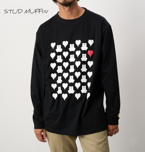 STUD MUFFIN スタッドマフィン ロンＴ 3D BEARHEARTS 発泡プリント 長袖 Tシャツ カットソー メンズ トップス ブラック 414-02665