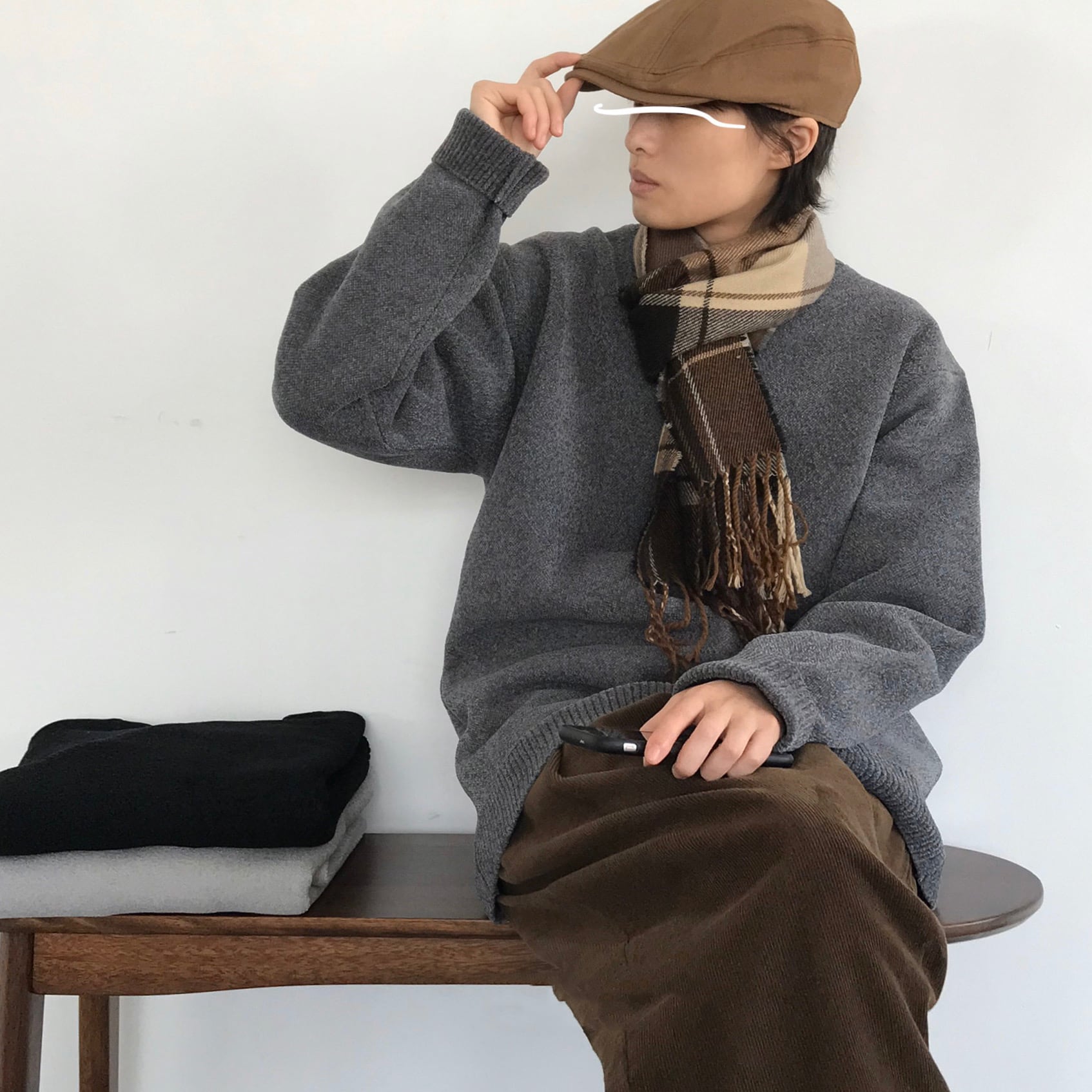 jiwuus茶色チェック柄フリンジマフラー | mblueshop jiwuus茶色チェック柄フリンジマフラー | mblueshop