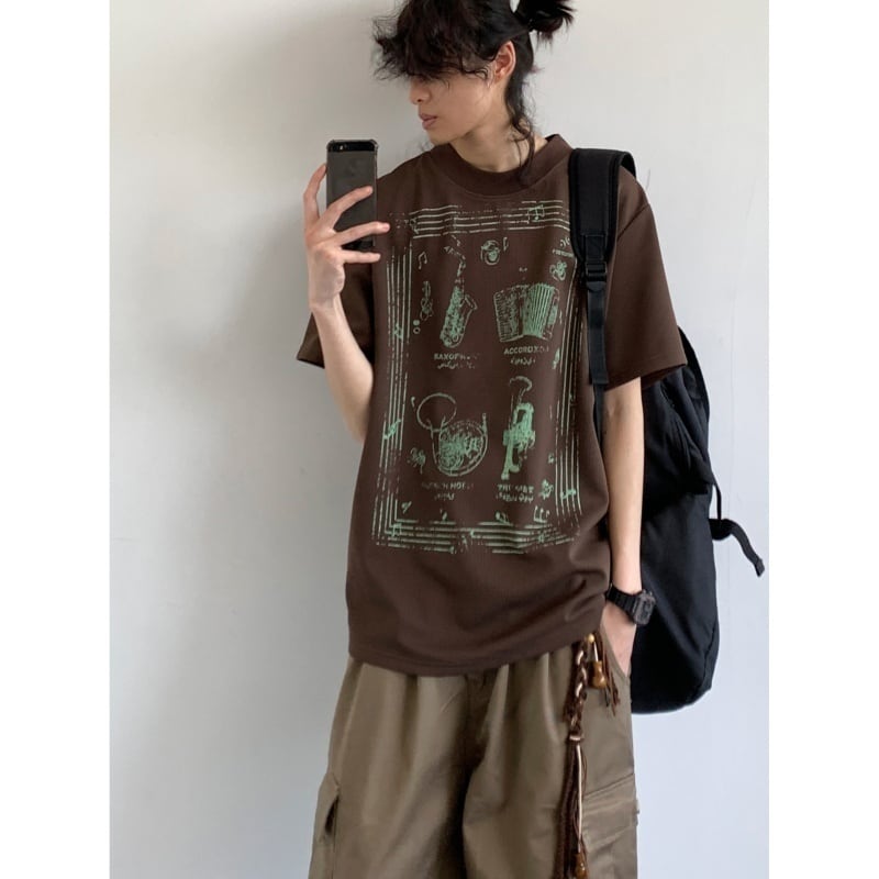 jiwuusワッフル楽器プリントヴィンテージ半袖Tシャツ
