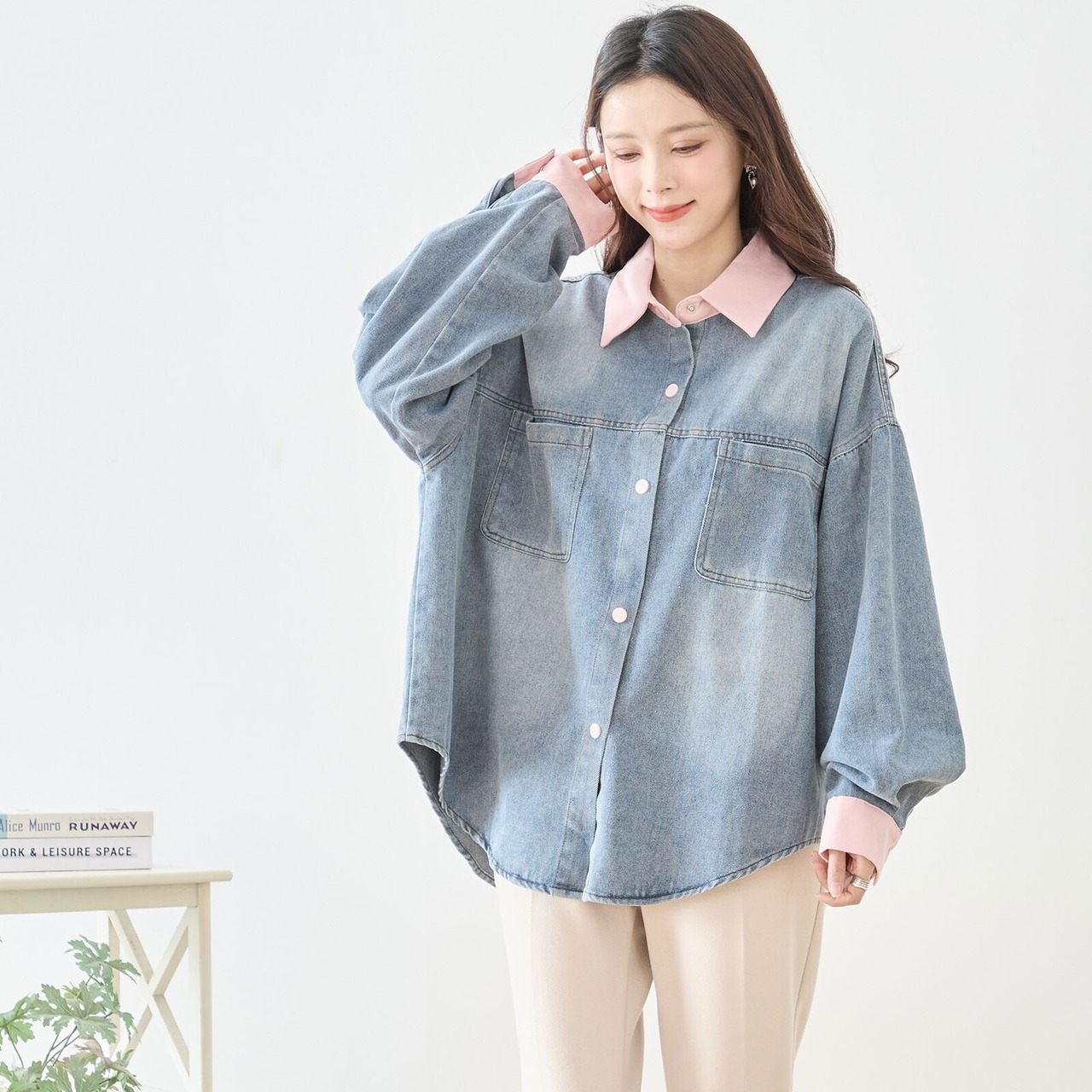 【SALE 15%OFF 4/5 10:00まで】TRUBE 配色アクセント長袖デニムシャツ【M~L】ピンク