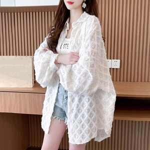 ジャガード シャツ カーディガン レディース 春夏秋 韓国 アウター トップス 透け感 羽織り 大人 かわいい おしゃれ ゆったり オーバーサイズ UV対策 冷房対策 ボリューム袖 大人可愛い 大人女子