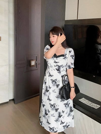 美品 CORCOVADO 蝶柄　ボウタイワンピース ぽちゃまに】 夏 蝶柄 ロングワンピース 大きいサイズ 体型カバー