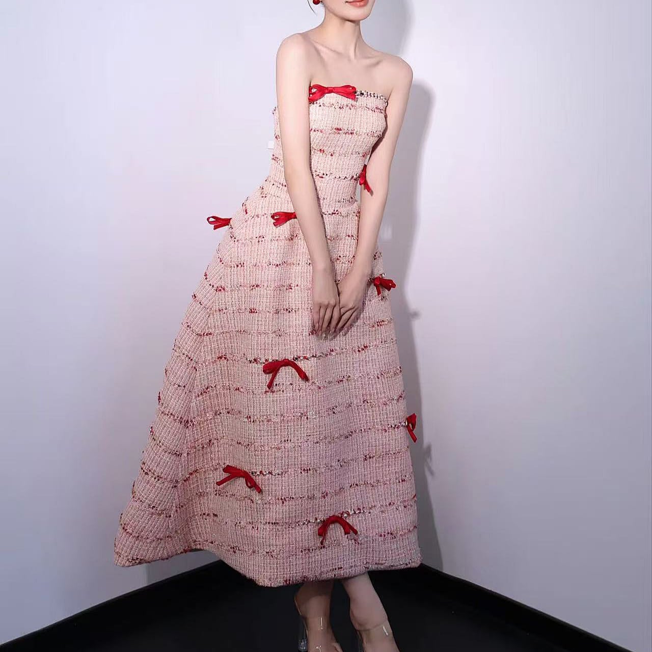 ツイードリボン ベアトップドレスW127