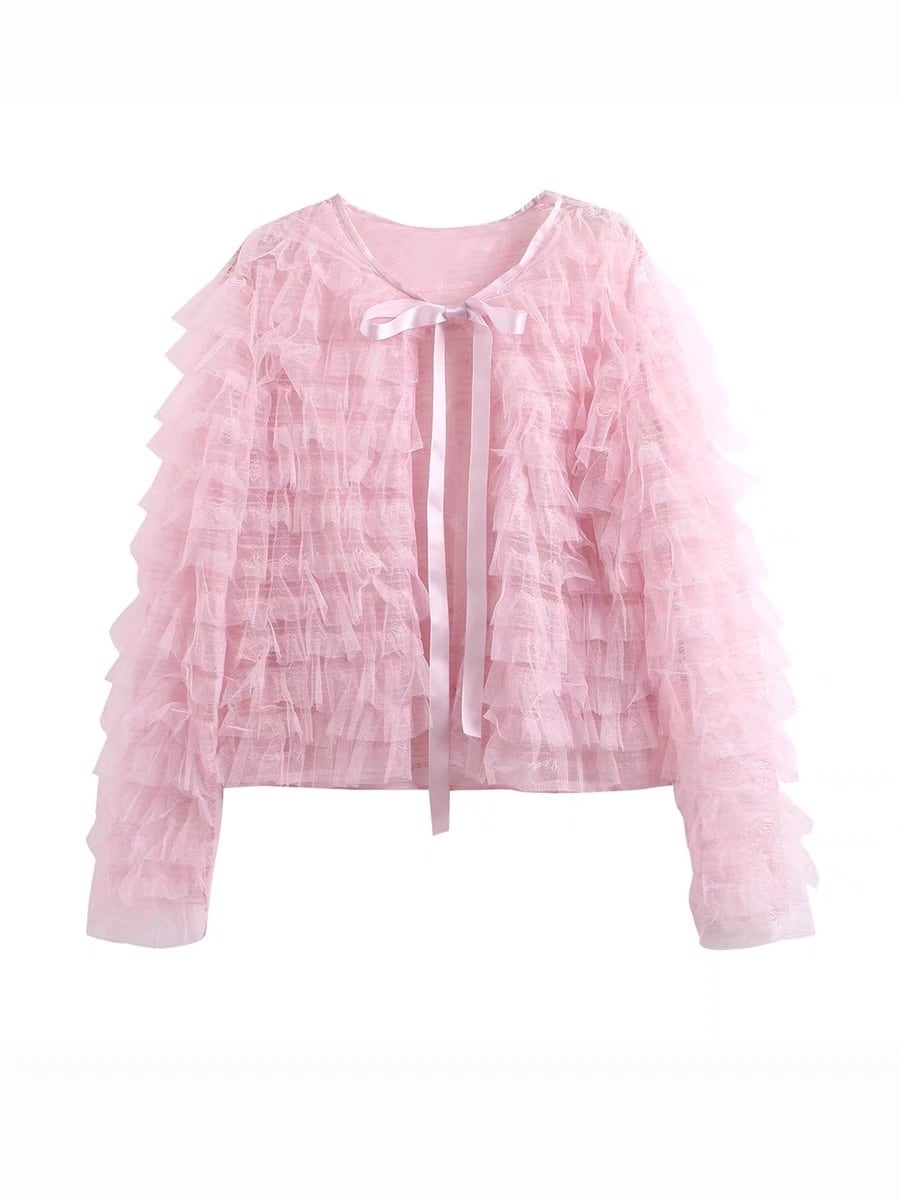 カーディガン】リボン カーディガン シャツ ピンク カーディガン 水色