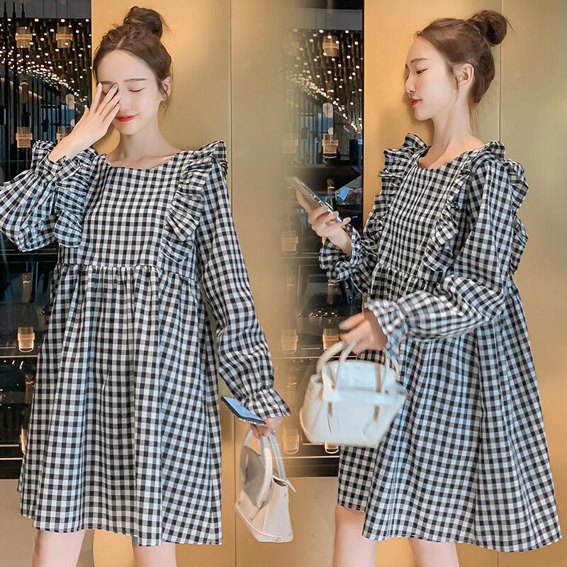 【新作】【送料無料】 マタニティウェア2020秋冬の新しいコットンとリネンのチェック柄フリルドレス、トレンディなママのミドル丈ファッションマタニティスカート-アリババ オータム 秋物 ウィンター 冬物 expec285778425039