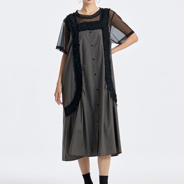 RUFFLED BUTTONED LAYERED STRAP MIDI DRESS M-17763