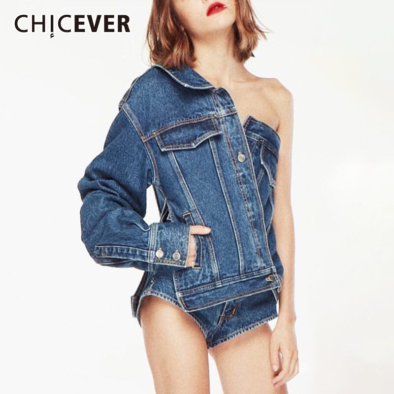 CHICEVER非対称デニムジャケットレディースラペルカラーワンショルダー長袖イレギュラーコート2020年夏 ロング サマー 夏物 6base572424143834